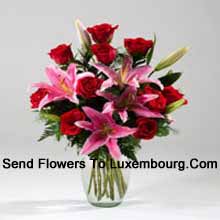 Lilies And Rose In A Vase Including Seasonal Fillers Delivered in Luxembourg