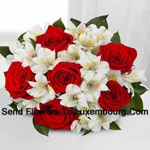 Bunch Of 7 Red Roses And Seasonal White Flowers Delivered in Luxembourg