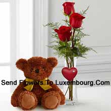 Three Red Roses In A Red Test Tube Vase And A Cute Brown 10 Inches Teddy Bear Delivered in Luxembourg
