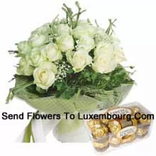 Bunch Of 19 White Roses With Seasonal Fillers Along With 16 Pcs Ferrero Rochers