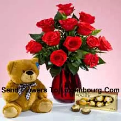 11 Red Roses With Some Ferns In A Glass Vase, A Cute 12 Inches Tall Brown Teddy Bear And A Box Of 16 Pcs Ferrero Rocher Chocolate