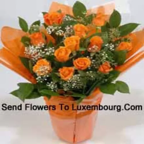 A Beautiful Arrangement Of 19 Orange Roses With Seasonal Fillers