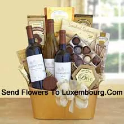 This Gift Basket Includes three bottles of delectable wine ? a Cabernet Sauvignon, a Chardonnay and a rich Merlot. The feast continues with smoked salmon, Primo Dolce truffle cookies, Ghirardelli Masterpiece chocolates, brie cheese, flatbread crisps, Dolcetto cookies and Almond Roca. (Contents of basket including wine may vary by season and delivery location. In case of unavailability of a certain product we will substitute the same with a product of equal or higher value)