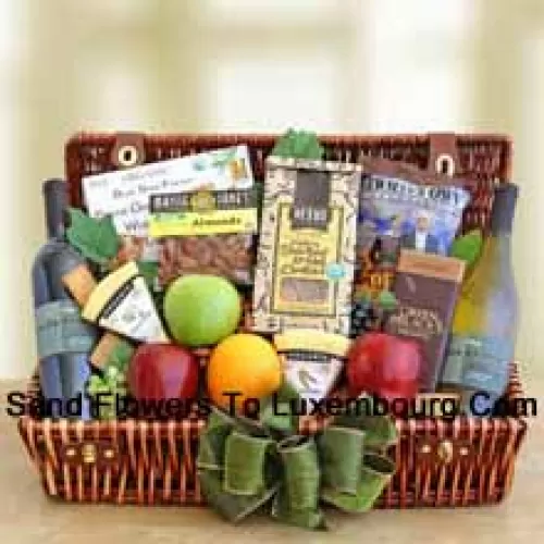 This Christmas Gift Basket includes Fresh fruits, such as crisp apples and juicy oranges, two organic creamy cheeses and stone ground crackers, two bottles of organic wine, premium roasted organic almonds, a bag of crispy chips and delicious Shortnin? bread cookies. (Contents of basket including wine may vary by season and delivery location. In case of unavailability of a certain product we will substitute the same with a product of equal or higher value)