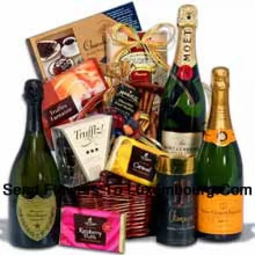This Christmas Gift Basket Includes Moet & Chandon White Star Champagne?- 750 ml, Veuve Clicquot Ponsardin Yellow Label?- 750 ml, Dom Perignon?- 750 ml, Champagne Trufflz by Marich, Toasted Almond Chocolate Lace by Hauser Chocolatier, Dark Raspberry Truffle Bar by Lake Champlain Chocolates,  Milk Caramel Truffle Bar by Lake Champlain, Truffles Fantaisie by Guyaux Chocolatier, Champagne Sticks by Sweet Candy, Chocolate Fruit Medley in Colored Shells by Marich And Chocolate Wafer Rolls by Dolcetto. (Contents of basket including wine may vary by season and delivery location. In case of unavailability of a certain product we will substitute the same with a product of equal or higher value)