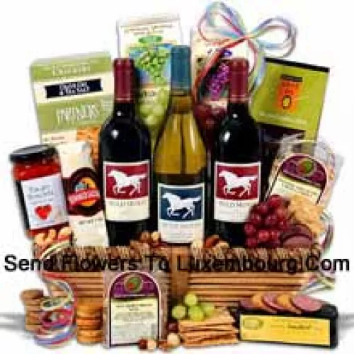 This Gift Basket Includes Wild Horse - Cabernet Sauvignon?- 750ml, Wild Horse - Chardonnay?- 750ml, Wild Horse - Merlot?- 750ml, Hors Doeuvre Deli Style Crackers by Partners, Hickory & Maple Smoked Cheese by Sugarbush Farm, Butcher Wrapped Summer Sausage by Sparrer Sausage Co, Tomato Bruschetta by Elki, Red Wine Biscuit by American Vintage, White Wine Biscuit by American Vintage, Nicoise Olives by Barnier, Cashews and Boulder's Mixed Nuts. (Contents of basket including wine may vary by season and delivery location. In case of unavailability of a certain product we will substitute the same with a product of equal or higher value)