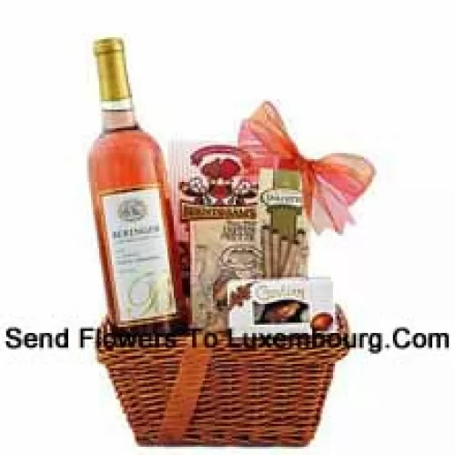 This Gift Basket includes Beringer White Zinfandel Blush Wine, Guylian Belgian chocolate shells, Dolcetto filled wafer rolls, Brent & Sam?s raspberry chocolate chip cookies and East Shore Specialty honey wheat pretzels. (Contents of basket including wine may vary by season and delivery location. In case of unavailability of a certain product we will substitute the same with a product of equal or higher value)